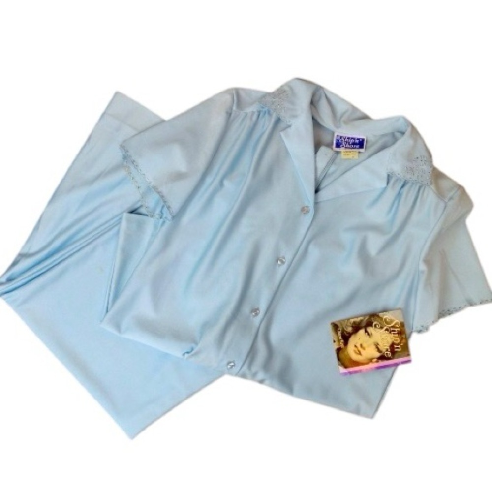 Vintage 70s Ship’n Shore Qiana Nylon Lounge Set Powder Blue NOS Size 10 Wide Leg